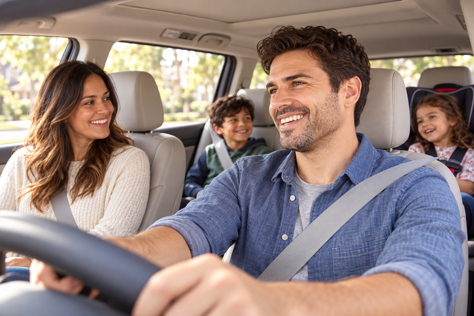 A happy family riding together in their car.