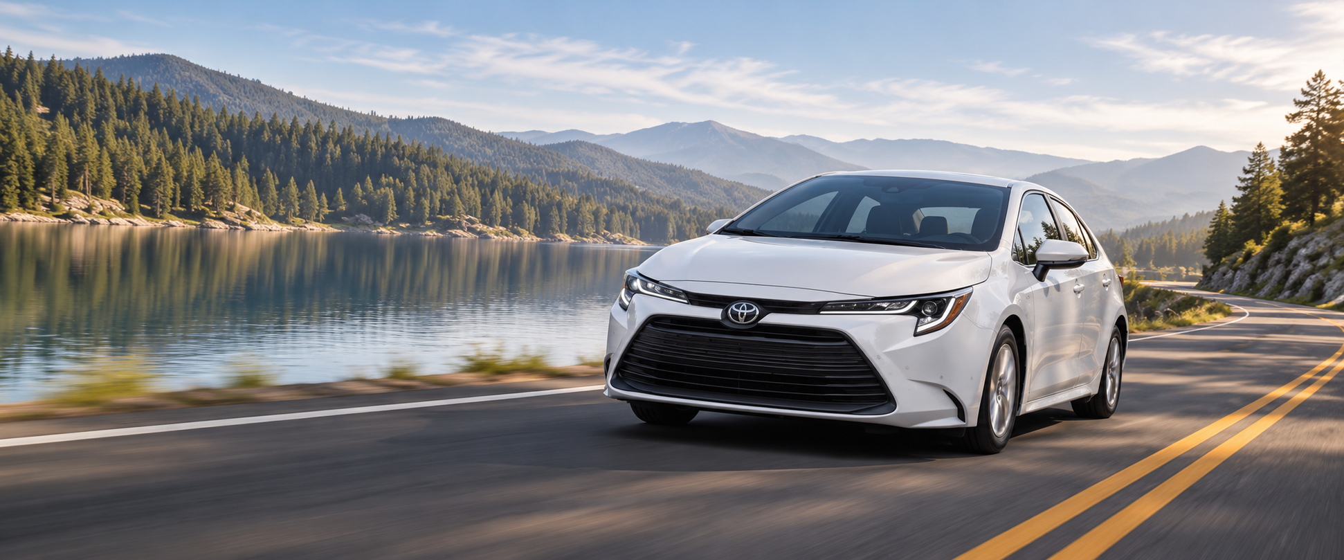 A Toyota Corolla driving along a scenic lakeside road.